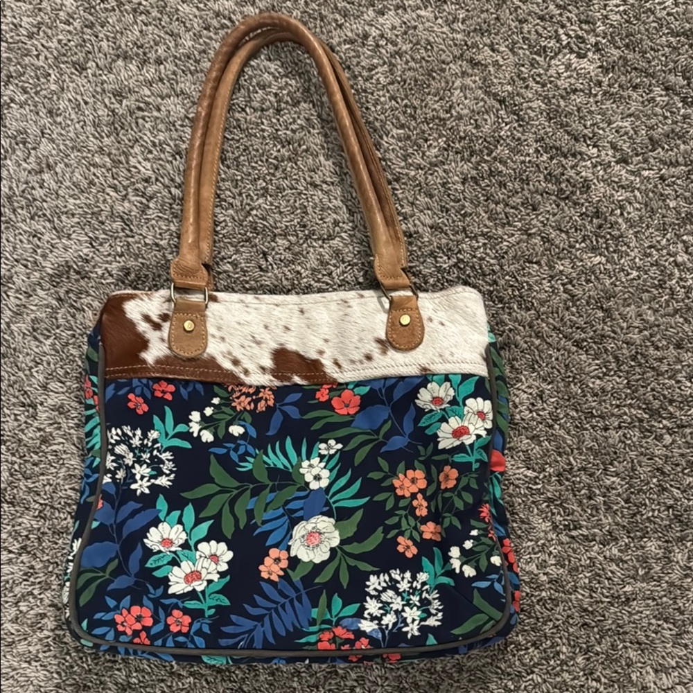 Floral Patterned Myra Tote Bag with Brown Accents